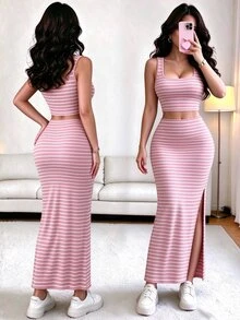 Elenzga Women's Solid Color Scoop Neck Striped Print Tank Top And High Slit Skirt 2-Piece Set - Pink - View 3