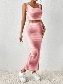 Elenzga Women's Solid Color Scoop Neck Striped Print Tank Top And High Slit Skirt 2-Piece Set - Pink - View 7