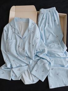 2pcs/Set Girls Casual Simple Cute Brown Polka Dot Bow Print Long Sleeve Cardigan And Pants Lounge Wear Pajamas, Lazy Home Style, Autumn/Winter - Blue - View 1