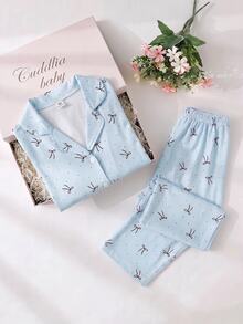 2pcs/Set Girls Casual Simple Cute Brown Polka Dot Bow Print Long Sleeve Cardigan And Pants Lounge Wear Pajamas, Lazy Home Style, Autumn/Winter - Blue - View 12