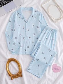 2pcs/Set Girls Casual Simple Cute Brown Polka Dot Bow Print Long Sleeve Cardigan And Pants Lounge Wear Pajamas, Lazy Home Style, Autumn/Winter - Blue - View 13
