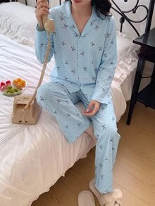 2pcs/Set Girls Casual Simple Cute Brown Polka Dot Bow Print Long Sleeve Cardigan And Pants Lounge Wear Pajamas, Lazy Home Style, Autumn/Winter - Blue - View 5