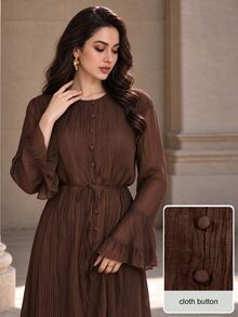 Graceveil Autumn Coffee Color Round Neck Ruffle Sleeve Full Skirt Single-Breasted Tie-Front Elegant Women's Dress - Brown - View 1