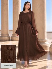 Graceveil Autumn Coffee Color Round Neck Ruffle Sleeve Full Skirt Single-Breasted Tie-Front Elegant Women's Dress - Brown - View 3