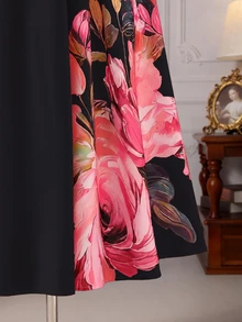 Rometta Plus Size Women's Elegant Romantic Printed Round Neck Puff Sleeve Cinched Waist A-Line Dress, Summer Essential, Suitable For Dating, Vacation - Black - View 6