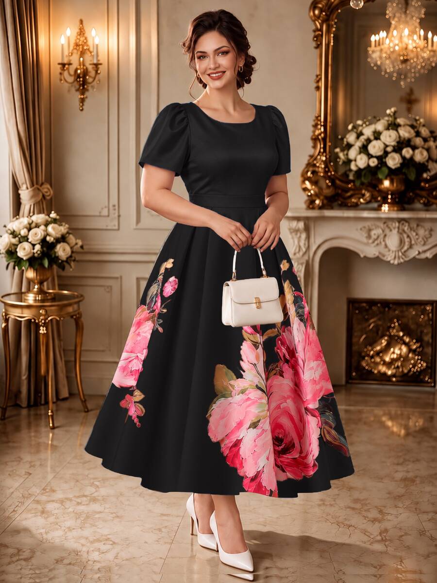 Rometta Plus Size Women's Elegant Romantic Printed Round Neck Puff Sleeve Cinched Waist A-Line Dress, Summer Essential, Suitable For Dating, Vacation - Black - View 1