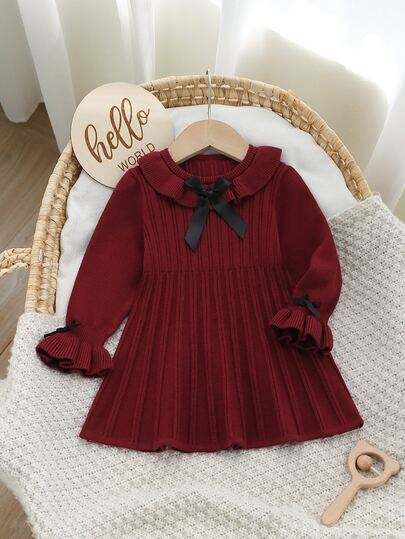 SHEIN Baby Girls Sweater Co-Ords Sweet Elegant Girls' College Style Knitted Dress 2024 Autumn/Winter New Long Sleeve Collared Full Skirt Dress Suitable For Daily Wear Autumn/Winter Knit Dress