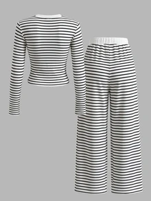 SHEIN Girls' Spring/Autumn Knitted Striped Long Sleeve & Long Pants Set, Casual Comfortable Minimalist Versatile Style, Suitable For Indoor/Outdoor Sports And Daily Wear - Multicolor - View 3