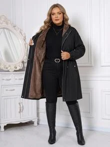 SHEIN CURVE+ Plus Size 22W Women Casual Zip-Up Hooded Cinched Waist Long Sleeve Fleece Jacket Winter - Black - View 6