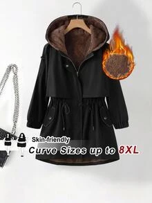SHEIN CURVE+ Plus Size 22W Women Casual Zip-Up Hooded Cinched Waist Long Sleeve Fleece Jacket Winter - Black - View 8