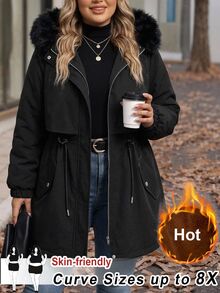SHEIN CURVE+ Plus Size 22W Women Casual Zip-Up Hooded Cinched Waist Long Sleeve Fleece Jacket Winter - Black - View 10