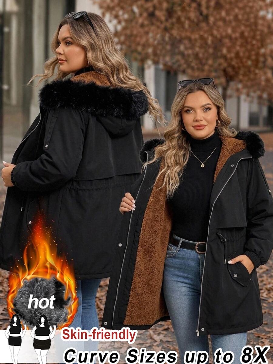 SHEIN CURVE+ Plus Size 22W Women Casual Zip-Up Hooded Cinched Waist Long Sleeve Fleece Jacket Winter - Black - View 1