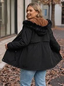 SHEIN CURVE+ Plus Size 22W Women Casual Zip-Up Hooded Cinched Waist Long Sleeve Fleece Jacket Winter - Black - View 2