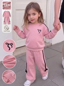 SHEIN Young Girl 2pcs Bow Decor Striped Side Crew Neck Sweatshirt & Wide Leg Pants Set, Cute Solid Pink Casual Outfit - Pink - View 8
