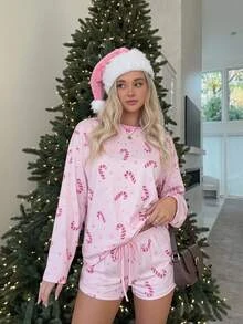 Aloruh Women's Autumn/Winter Christmas Candy Pattern Round Neck Long Sleeve Top And Drawstring Waist Shorts 2 Pieces Set, Christmas Pajama Set, Christmas Party Outfit - Pink - View 2