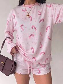 Aloruh Women's Autumn/Winter Christmas Candy Pattern Round Neck Long Sleeve Top And Drawstring Waist Shorts 2 Pieces Set, Christmas Pajama Set, Christmas Party Outfit - Pink - View 5