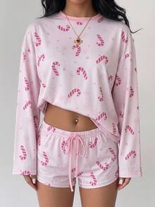 Aloruh Women's Autumn/Winter Christmas Candy Pattern Round Neck Long Sleeve Top And Drawstring Waist Shorts 2 Pieces Set, Christmas Pajama Set, Christmas Party Outfit - Pink - View 8