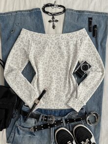 Attitoon Women's Casual Off-Shoulder Zip-Up Sweatshirt, Leopard Print Sweatshirt, Women's Autumn/Winter Clothing - Multicolor - View 2