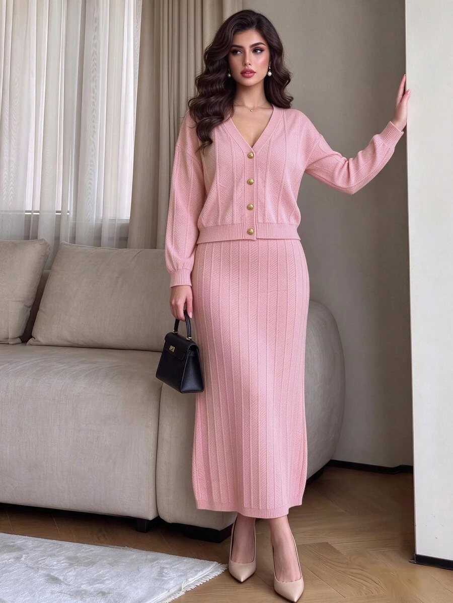 Modelyn 女款落肩長袖單排扣針織開襟衫與針織裙休閒兩件套 - 粉色 - 查看 1