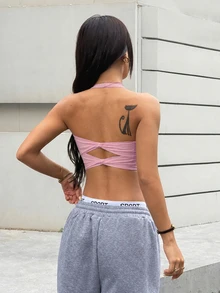 Dewbera Dewbera Women's Sexy Double Bowknot Halter Yoga Tank Top Open Back Fixed Cups For Gym Training - Pink - View 4