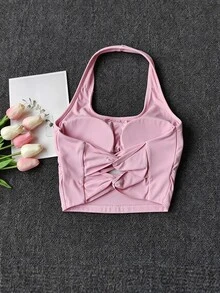 Dewbera Dewbera Women's Sexy Double Bowknot Halter Yoga Tank Top Open Back Fixed Cups For Gym Training - Pink - View 8