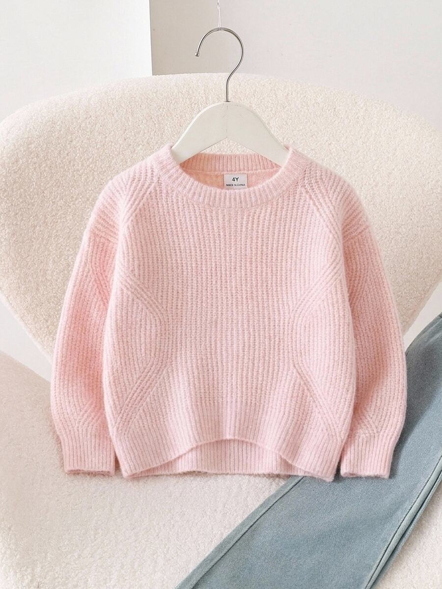 SHEIN Girls' Soft Thick Yarn Cable Knit Round Neck Sweater, Raglan Sleeve Loose Casual Knit Top For Autumn/Winter - Baby Pink - View 1