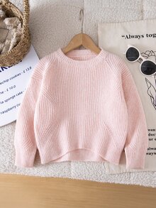 SHEIN كنزة صوفية ناعمة سميكة محبوكة بكابلات برقبة دائرية وأكمام راجلان فضفاضة كاجوال للبنات لفصل الخريف/الشتاء - وردي فاتح - مشاهدة 1