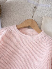 SHEIN كنزة صوفية ناعمة سميكة محبوكة بكابلات برقبة دائرية وأكمام راجلان فضفاضة كاجوال للبنات لفصل الخريف/الشتاء - وردي فاتح - مشاهدة 3