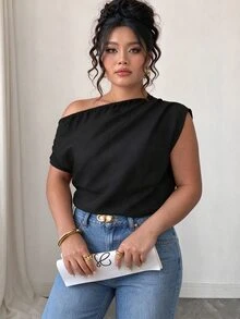 Elenzga Black Plus Size Casual Smart Chic Elegant Pleated Design Short Sleeve Blouse Spring Summer Autumn Night Party Office Going Out Brunch Formal Date - Black - View 5