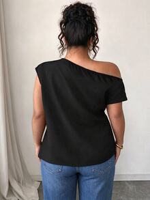 Elenzga Black Plus Size Casual Smart Chic Elegant Pleated Design Short Sleeve Blouse Spring Summer Autumn Night Party Office Going Out Brunch Formal Date - Black - View 2