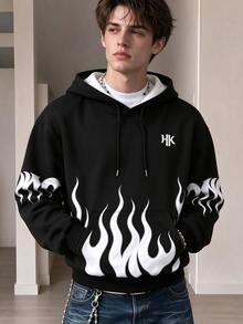 Manfinity Dauomo Autumn/Winter Men's Hooded Sweatshirt, Black And White Flame Print Pattern, Graphic Design, Casual Wear, Outdoor, Commute - Multicolor - View 1