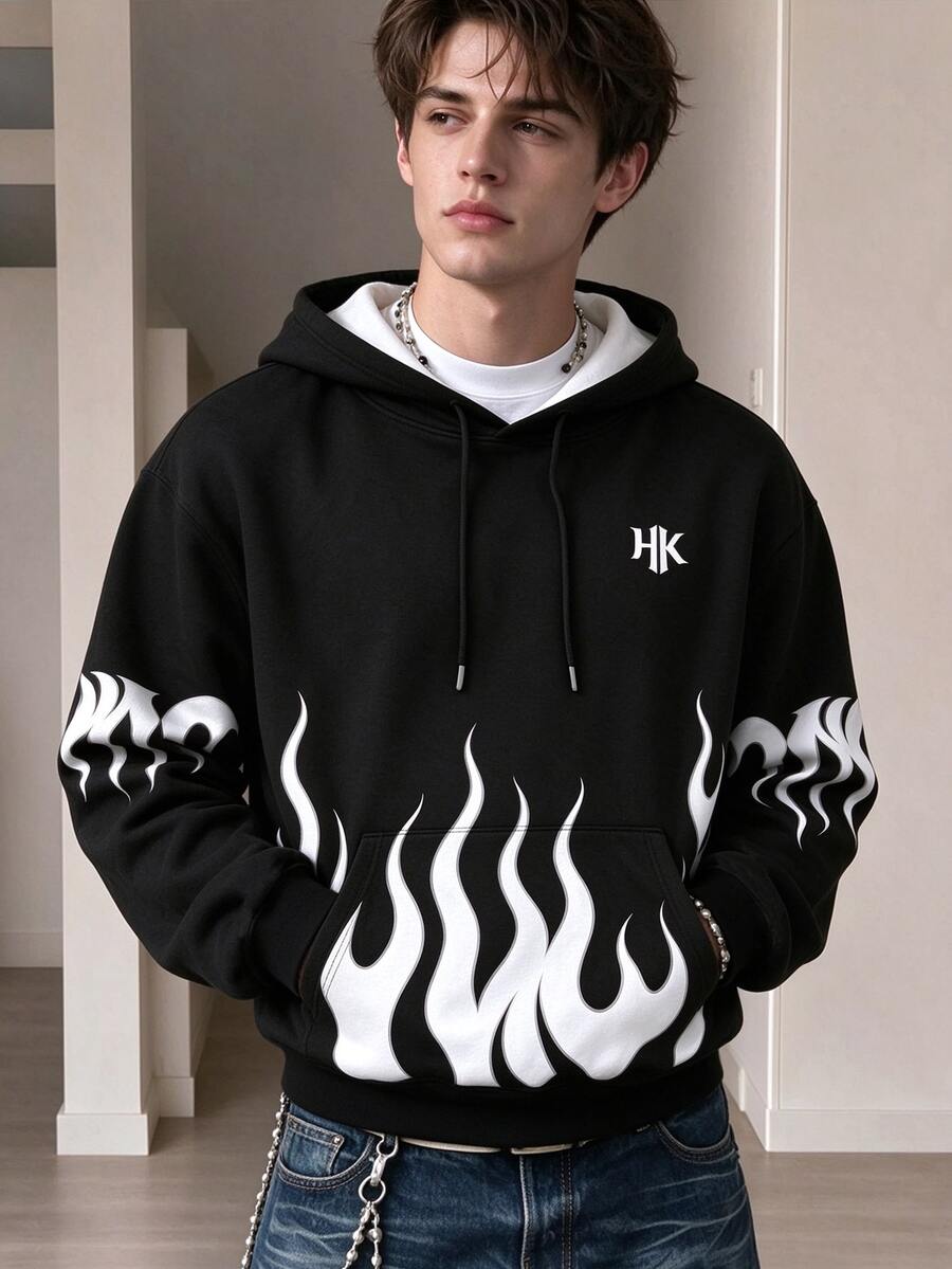 Manfinity Dauomo Autumn/Winter Men's Hooded Sweatshirt, Black And White Flame Print Pattern, Graphic Design, Casual Wear, Outdoor, Commute - Multicolor - View 1