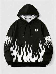 Manfinity Dauomo Autumn/Winter Men's Hooded Sweatshirt, Black And White Flame Print Pattern, Graphic Design, Casual Wear, Outdoor, Commute - Multicolor - View 3