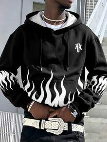 Manfinity Dauomo Autumn/Winter Men's Hooded Sweatshirt, Black And White Flame Print Pattern, Graphic Design, Casual Wear, Outdoor, Commute - Multicolor - View 5