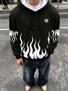 Manfinity Dauomo Autumn/Winter Men's Hooded Sweatshirt, Black And White Flame Print Pattern, Graphic Design, Casual Wear, Outdoor, Commute - Multicolor - View 4