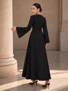 Graceveil Autumn Round Neck Lace Patchwork Waist-Flattering Long Sleeve Flared Elegant Graceful Daily Long Dress For Women - Black - View 2