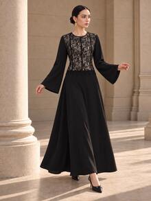 Graceveil Autumn Round Neck Lace Patchwork Waist-Flattering Long Sleeve Flared Elegant Graceful Daily Long Dress For Women - Black - View 5
