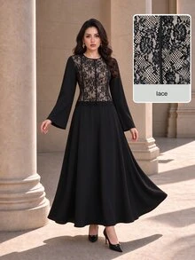 Graceveil Autumn Round Neck Lace Patchwork Waist-Flattering Long Sleeve Flared Elegant Graceful Daily Long Dress For Women - Black - View 3