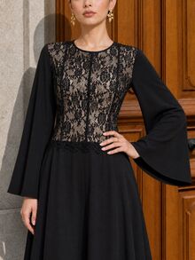 Graceveil Autumn Round Neck Lace Patchwork Waist-Flattering Long Sleeve Flared Elegant Graceful Daily Long Dress For Women - Black - View 4