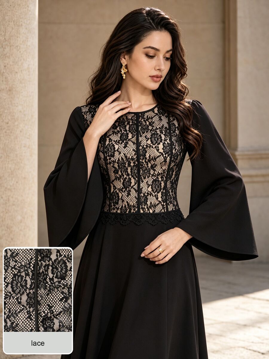 Graceveil Autumn Round Neck Lace Patchwork Waist-Flattering Long Sleeve Flared Elegant Graceful Daily Long Dress For Women - Black - View 1