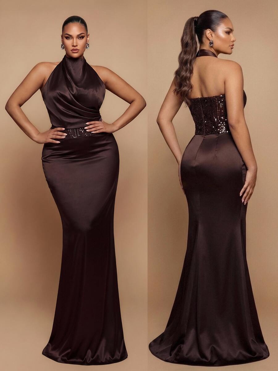 Glamrae Plus Size Elegant Romantic Halter Neck Luxury Beaded Lace Patchwork Satin Fitted Bodycon Mermaid Hem Evening Gown For Wedding Party Celebration Formal Event Dinner (Heavy Workmanship Design) - Coffee Brown - View 1