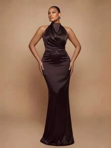 Glamrae Plus Size Elegant Romantic Halter Neck Luxury Beaded Lace Patchwork Satin Fitted Bodycon Mermaid Hem Evening Gown For Wedding Party Celebration Formal Event Dinner (Heavy Workmanship Design) - Coffee Brown - View 6