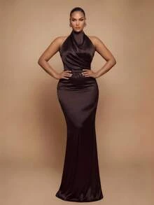 Glamrae Plus Size Elegant Romantic Halter Neck Luxury Beaded Lace Patchwork Satin Fitted Bodycon Mermaid Hem Evening Gown For Wedding Party Celebration Formal Event Dinner (Heavy Workmanship Design) - Coffee Brown - View 5