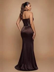 Glamrae Plus Size Elegant Romantic Halter Neck Luxury Beaded Lace Patchwork Satin Fitted Bodycon Mermaid Hem Evening Gown For Wedding Party Celebration Formal Event Dinner (Heavy Workmanship Design) - Coffee Brown - View 2