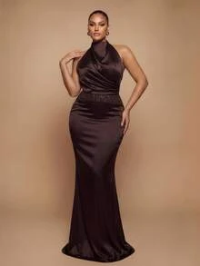 Glamrae Plus Size Elegant Romantic Halter Neck Luxury Beaded Lace Patchwork Satin Fitted Bodycon Mermaid Hem Evening Gown For Wedding Party Celebration Formal Event Dinner (Heavy Workmanship Design) - Coffee Brown - View 4