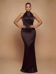 Glamrae Plus Size Elegant Romantic Halter Neck Luxury Beaded Lace Patchwork Satin Fitted Bodycon Mermaid Hem Evening Gown For Wedding Party Celebration Formal Event Dinner (Heavy Workmanship Design) - Coffee Brown - View 7