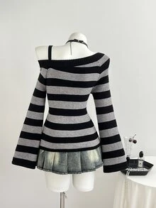 Elamini Women's Autumn/Winter Long Sleeve Asymmetrical Shoulder Flared Sleeve Striped Knit Sweater - Black - View 2