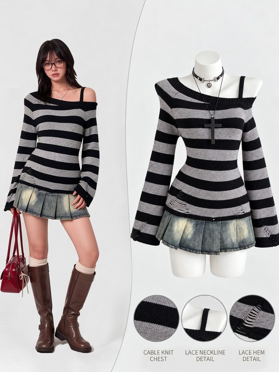 Elamini Women's Autumn/Winter Long Sleeve Asymmetrical Shoulder Flared Sleeve Striped Knit Sweater - Black - View 1