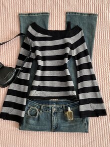 Elamini Women's Autumn/Winter Long Sleeve Asymmetrical Shoulder Flared Sleeve Striped Knit Sweater - Black - View 8