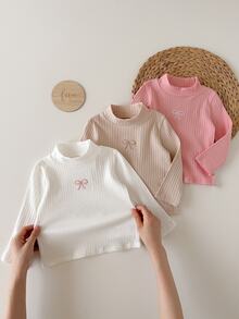 SHEIN 3 Pack Baby Girls Pullover Shirt Matching Light Pink Beige White Bow Ribbed Knit Long Sleeve Mock Neck Party Family First Birthday Autumn Holiday - Multicolor - View 13